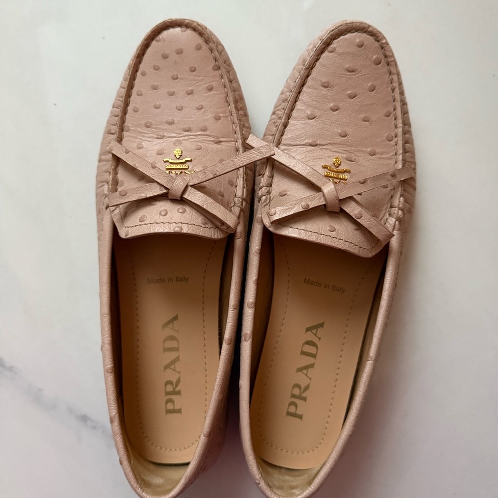 Prada women’s light pink beige ostrich Loafers with Bow Detail